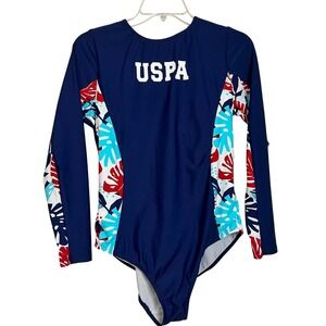 USPA Long Sleeve Rash Guard Swimsuit One Piece Navy Tropical Print L 11-13